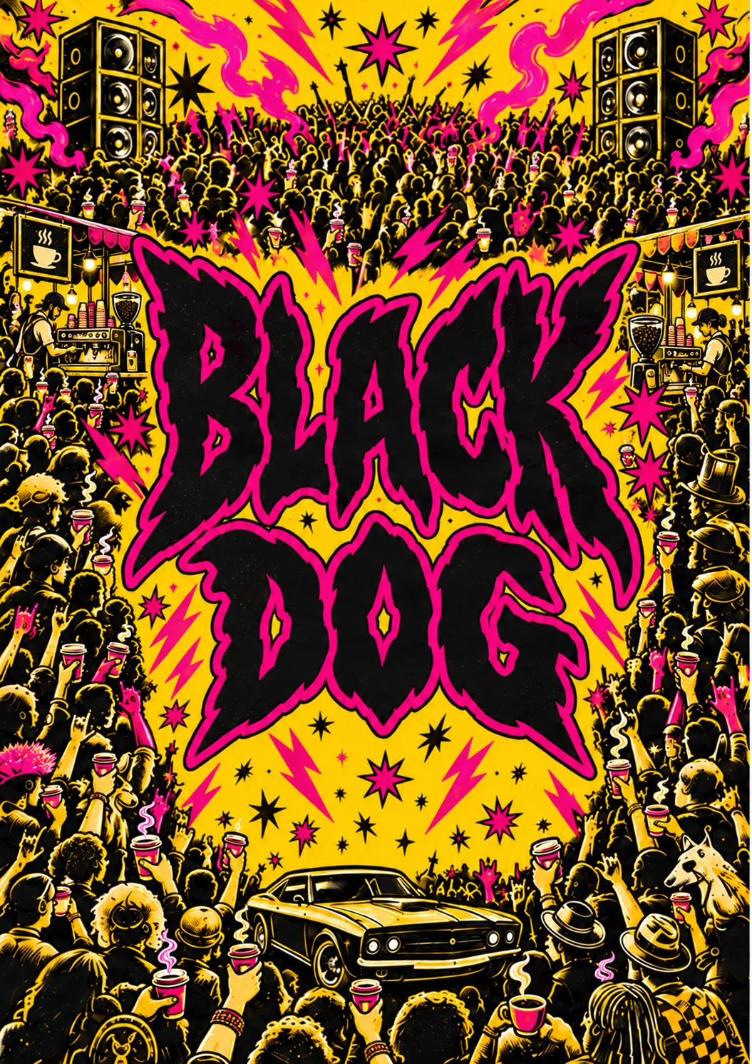Afiche BLACK DOG amarillo, fucsia y negro, con barras de café, una multitud con tazas y parlantes